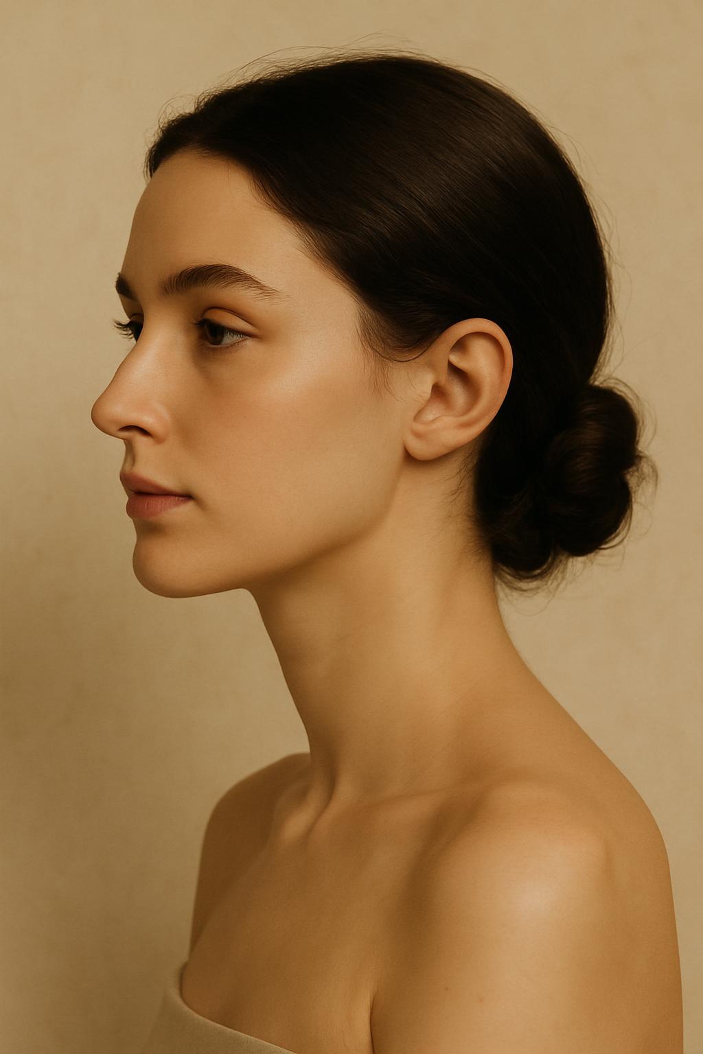 Portrait éditorial d'une femme de profil illustrant l'harmonie faciale
